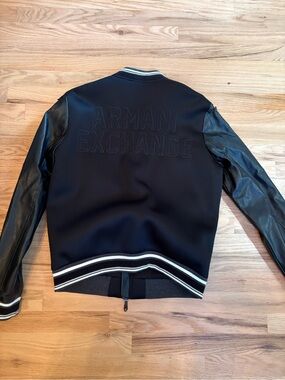 Armani Exchange Black Bomber Jacket with Leather Sleeves and Contrast Striping